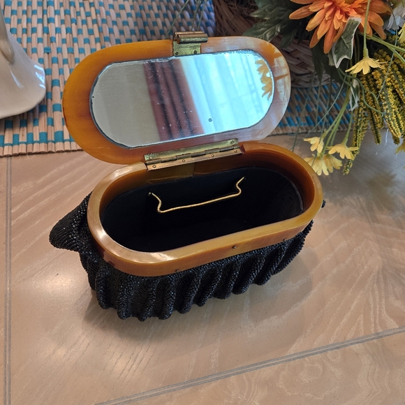 Rare Find Vintage Black Heavily Beaded & Pleated Box Purse 1940s - Picture 9 of 17